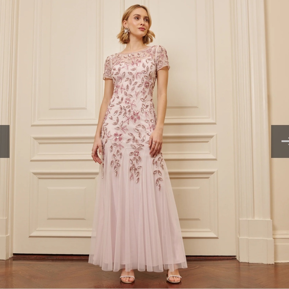 Adrianna Papell Hand Beaded Short Sleeve Floral Godet Gown In Blush Pink Size 8